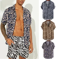 men leopard print lapel loose shirt with short sleeves patchwork chic lapel breathable streetwear blouse casual camisas hombre
