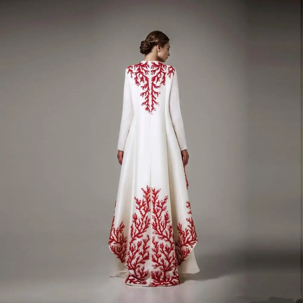 Arabic Dubai Kaftans Evening Dresses Muslim Red Embroidery Long Sleeve Floor Length Party Gowns Evening Wear Custom Made