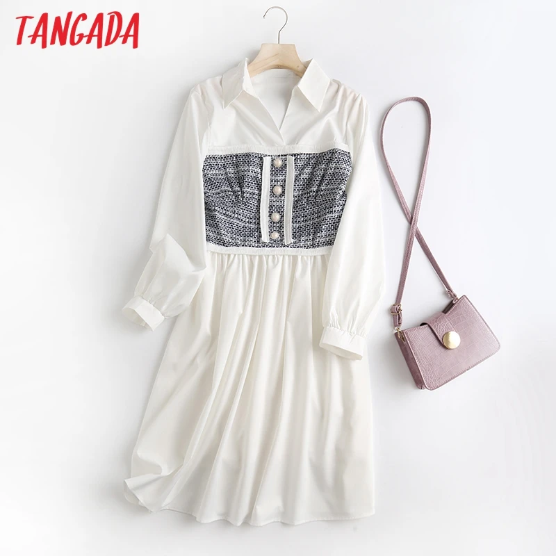 Tangada Весенняя женская обувь модная твидовые Лоскутные Платье рубашка с длинным