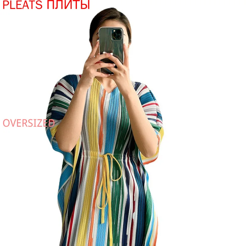 

Fashion Belted Dress Slimming 2021 Summer New Style Pleated Design Mid-length Dress Female MIYAKE Pleats Vestido Shein