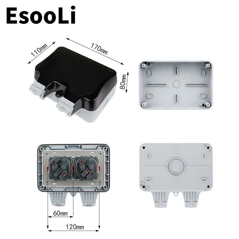 Esooli IP66 Weatherproof Waterproof Outdoor Wall Power Socket 16A Double EU Standard Electrical Outlet Grounded AC 110~250V |