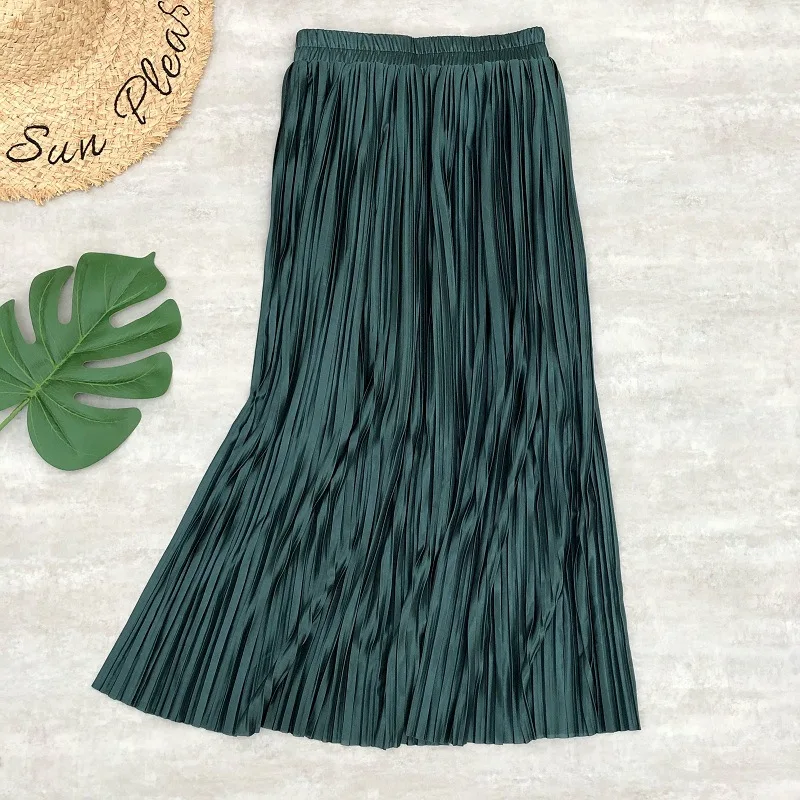 CR Metallic Luster Elasticity Pleated Skirt Woman Europen High Street Style A-Line Mid-Calf Bottoms Party Date | Женская одежда