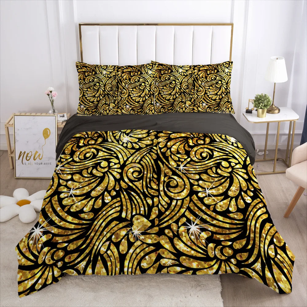 

HD Digital Print Luxury Brand style Print Bedding Sets Golden Flower Duvet Cover+ Pillowcase 2/3pcs Queen bed set US/AU/EU size