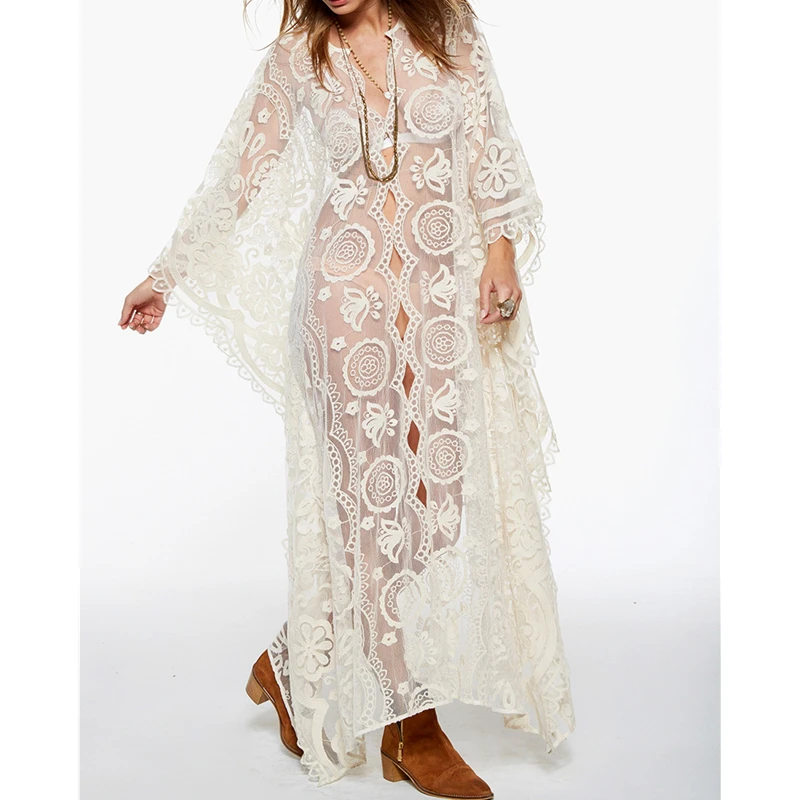 Длинная белая юбка кафтан Пляжное Платье для плавания накидка на шнуровке рукав