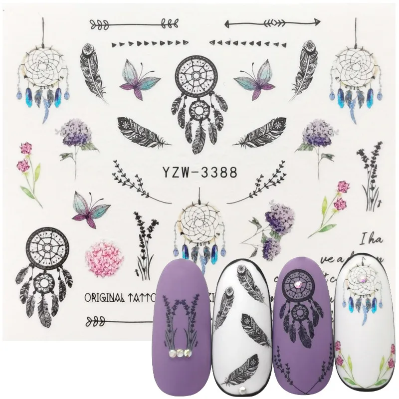 

2023 New Feather Dream Catcher Water Decals Nail Sticker Flowers Lavender Watermark Flakes Slider Tattoo Nail Art Decoration