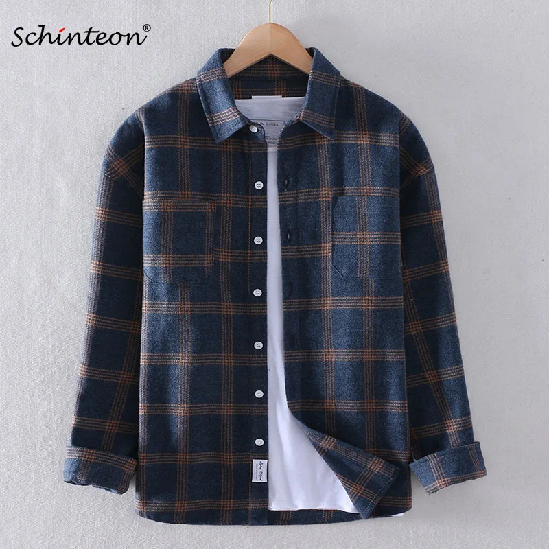 Schinteon Men Autumn Sanding Plaid Shirt Long Sleeves Casual Winter Bottoming Turn-down Collar Top Quality Fashion | Мужская одежда
