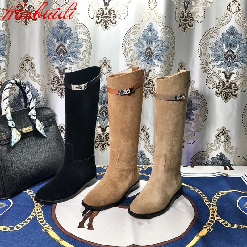 

Long Boots Women Winter New Natural Kid Suede Knee-High Boots Metal Decoration Slip-on Designer Shoes Botas De Mujer Size34-42