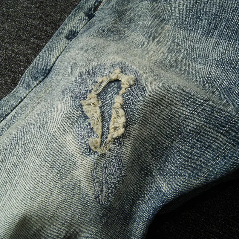 European Vintage Fashion Men Jeans Retro Gray Blue Elastic Slim Fit Ripped Jeans Men Patchwork Designer Casual Punk Denim Pants