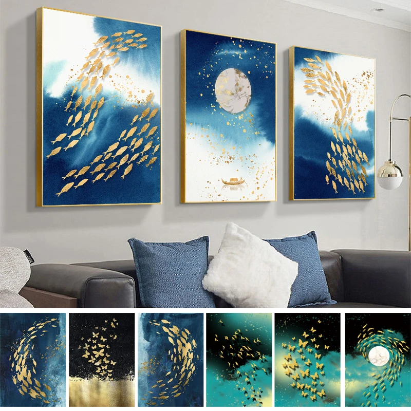 

Modern Abstract Gold Foil Living Room Decorative Painting, Golden Butterfly Fish, Moon Boat, Home Canvas Mural, Fashion Poster