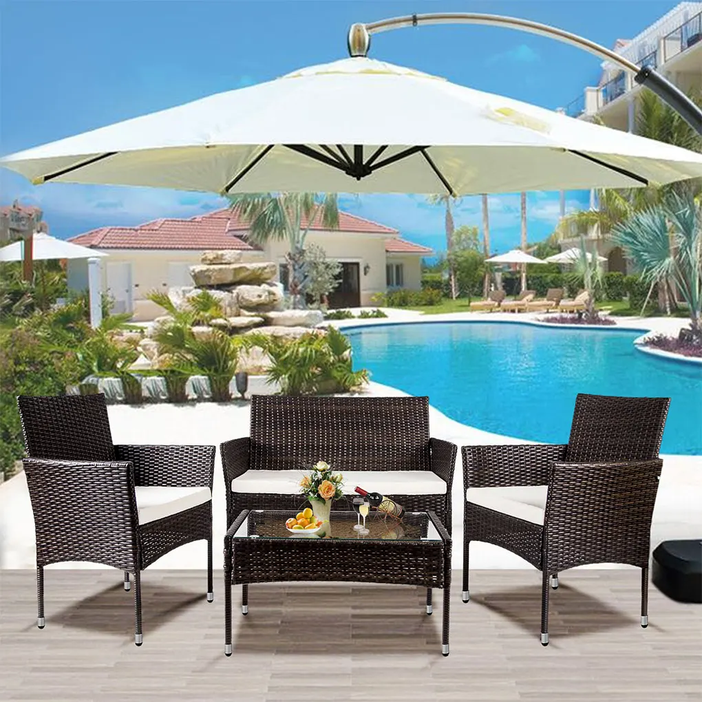 

4 PCS Outdoor Garden Rattan Patio Furniture Set Backyard Cushioned Seat Wicker Sofa Kit Brown
