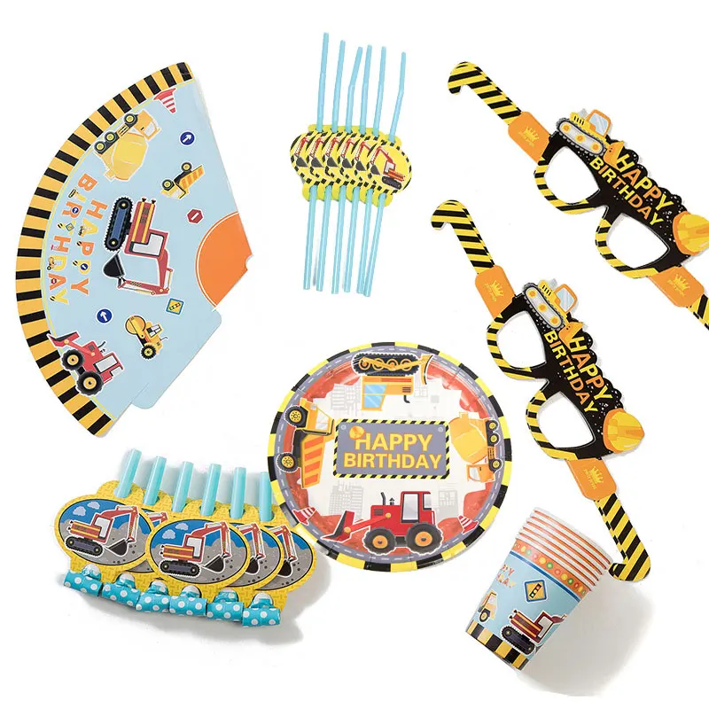 36pcs/set for 6 Person Engineering Vehicle Truck Party Decorations Happy Birthday Tableware Set Hat Blowouts Kids Baby Boy | Дом и сад
