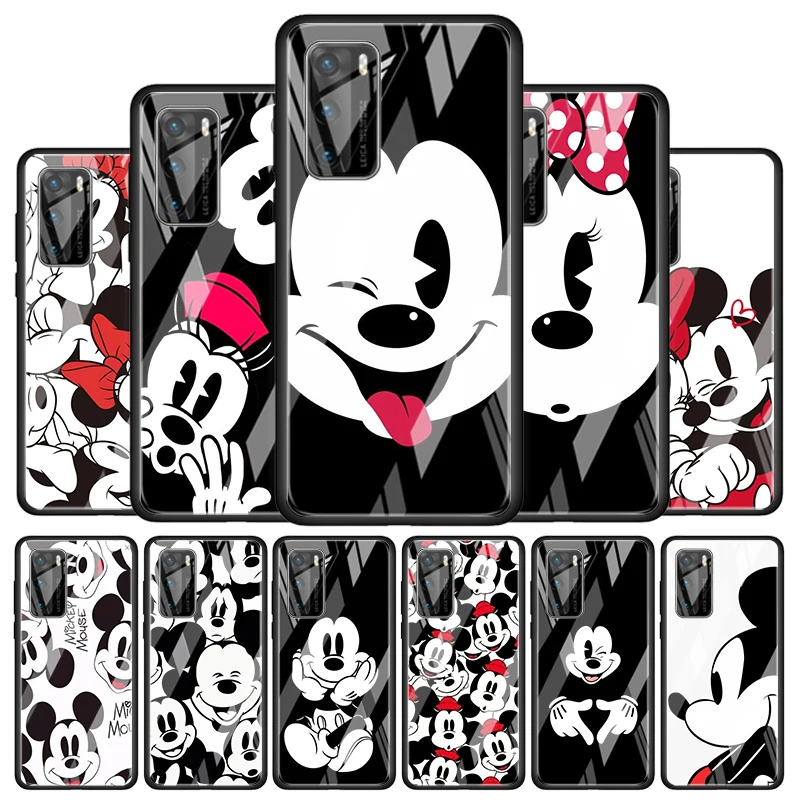 

Disney Mickey Minnie Black for Huawei P40 P30 Pro Plus P20 P10 Lite P Smart Z 2021 2020 2019 Luxury Tempered Glass Phone Case