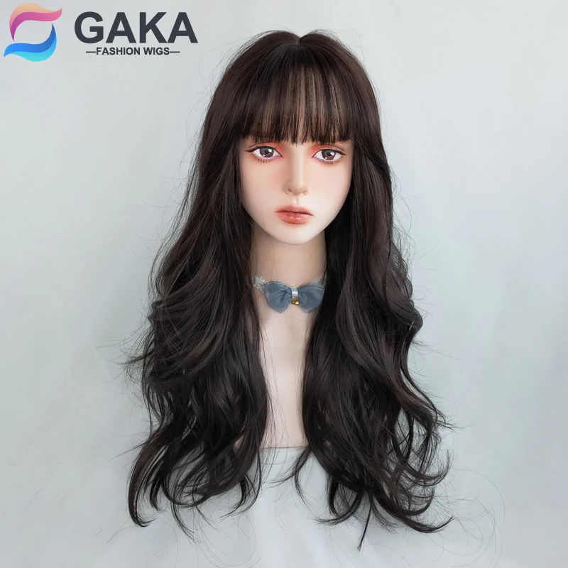 GAKA Internet Celebrity Anchor Air Bangs Synthetic Wig Female Long Wavy Hair Sweet And Cute Black Full Headgear | Шиньоны и парики