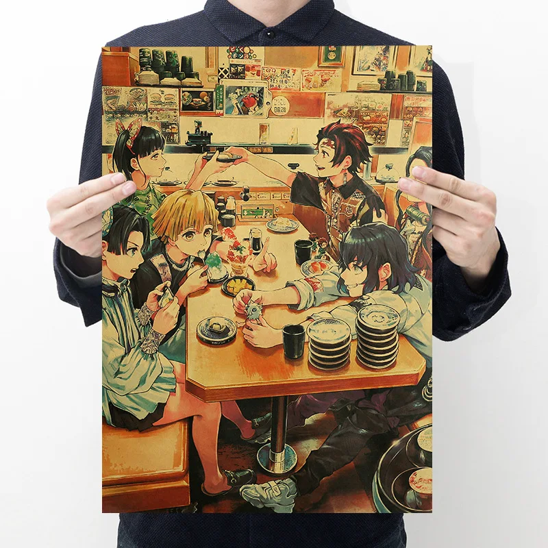 

Pop Demon Slayer's Blade Anime Poster Cartoon Character Collection Retro Kraft Paper Wall Stickers Home Glue-Free Decor Painting