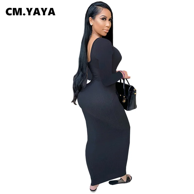 CM.YAYA Autumn Winter Knitted Women Long Sleeve Tie Up Waist Midi Maxi Dress Ribbed Open Back Streetwear Pencil Dresses | Женская одежда