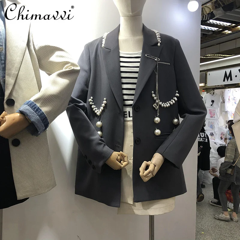 

Fashion Beading Elegant Notched Mid-Length Suit Coat All-matching Chain Slimming Female's Long Sleeves Blazer High Street Top