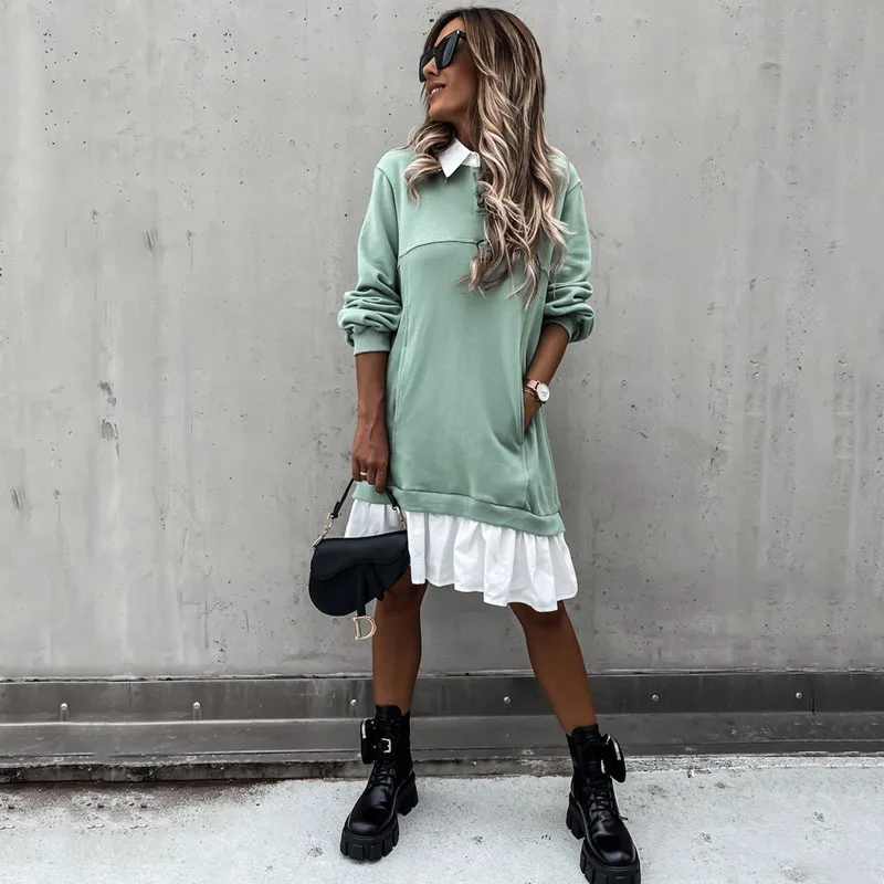 

2021 Autumn Winter Color Matching Pocket Button Long Sleeve Sweatshirt Dress Women Casual Loose Turn Down Collar Stitching Dress