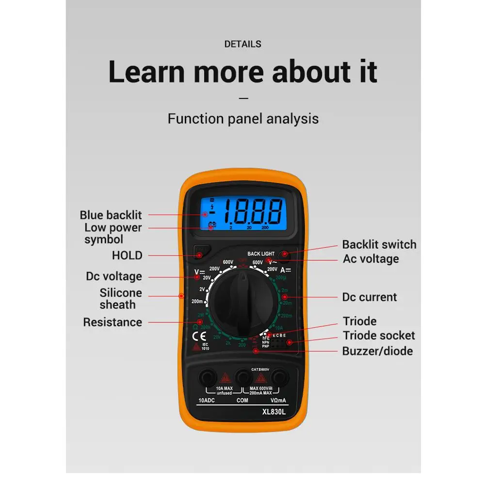 Цифровой мультиметр XL830L Ручной ЖК дисплей с подсветкой амперметр