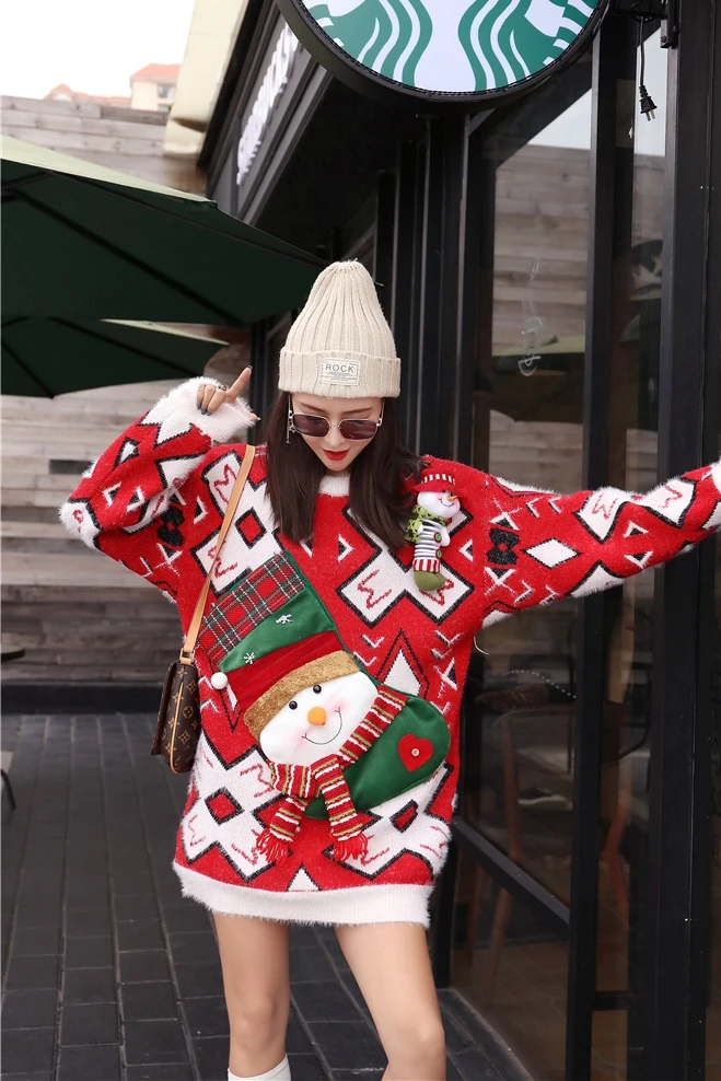 

Ladies Christmas sweater 2020 autumn and winter new thickening tide brand mid-length loose cartoon knitted sweater dress women