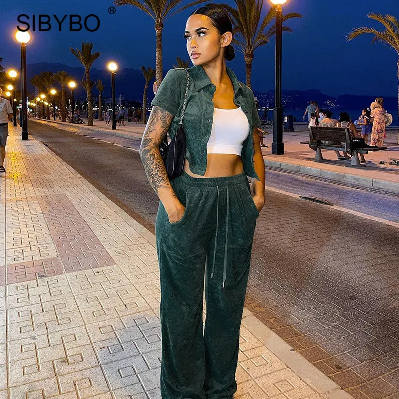 

Sibybo Autumn Velvet Two Piece Set Women Pants Suits Turn-down Collar Short Sleeve Top And Pants Matching Sets Casual Tracksuit