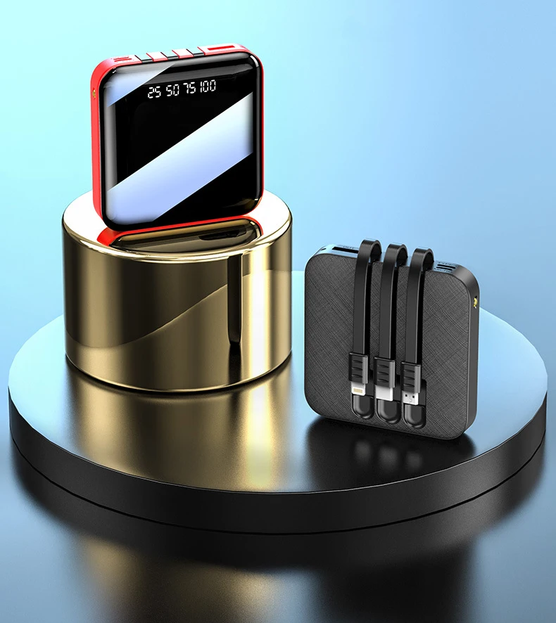 

20000mAh Mini Power Bank Built in Cable Portable Charger Mirror Screen LED Powerbank External Battery Pack Poverbank for Phones