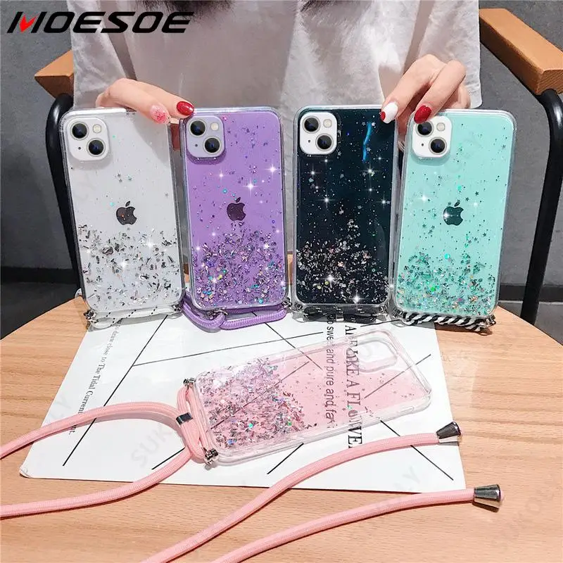 

Color Glitter Silicone Lanyard Case For iPhone 13 Pro Max 12 Mini 11 Pro XS Max XR X 8 7 6 Plus Crossbody Necklace Clear Cover