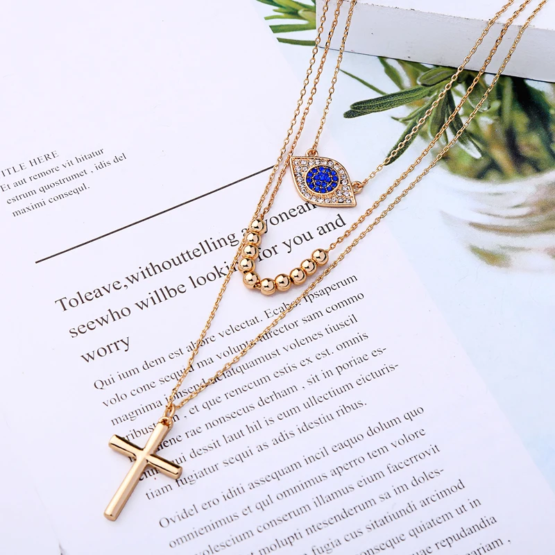 3 многослойное ожерелье Христианский крест подвески ожерелья Золото Цвет