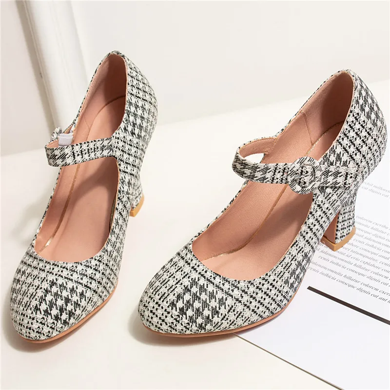 Spring Mary Jane Shoes High Heels Woman Pumps Block Heel Womens Brand Designer 2020 Dress Party Ladies Gingham Retro | Обувь