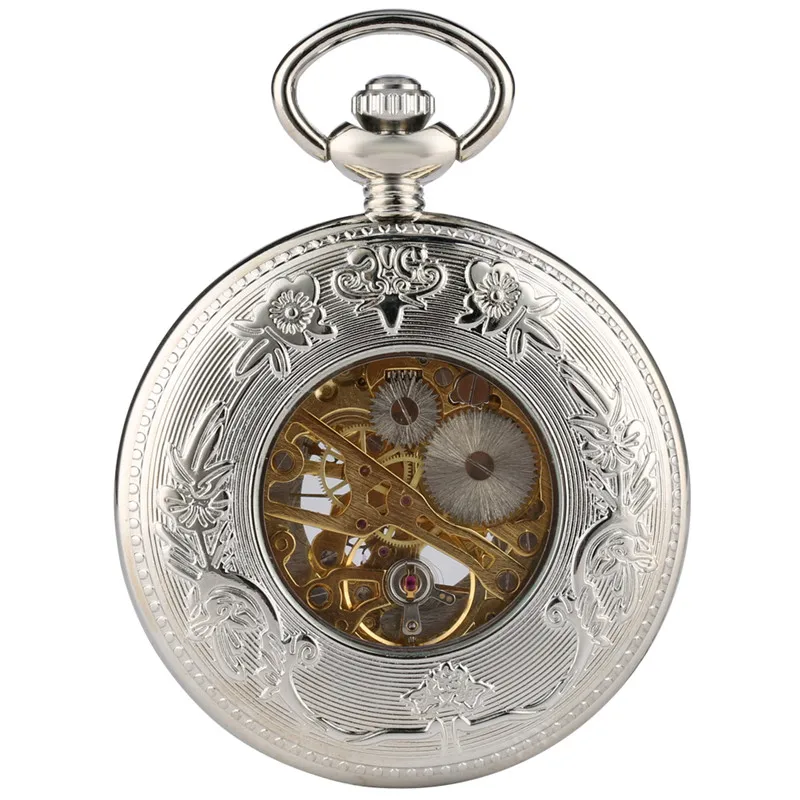 Exquisite Hollow Flowers Mechanical Pocket Watch Unisex Hand-Wind Fob Watches Roman Numerals reloj de bolsillo Pendant Chain