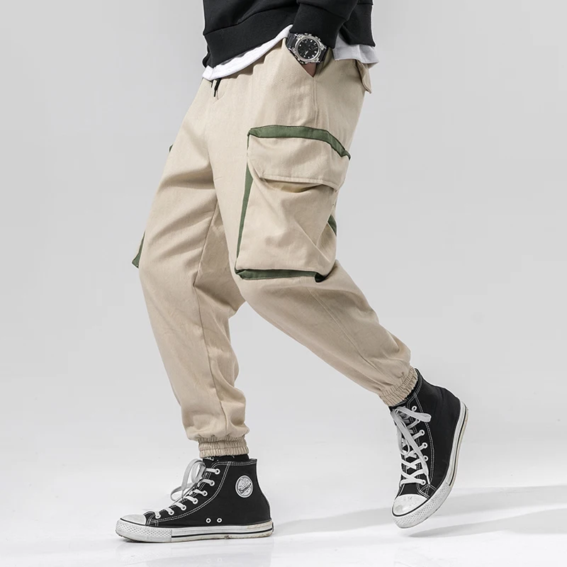 Light Khaki Уличная одноцветная бегунов мужские повседневные большие накладные карманы мужские брюки весна осень хлопок длиной до лодыжки мужские брюки - Цвет: Light Khaki