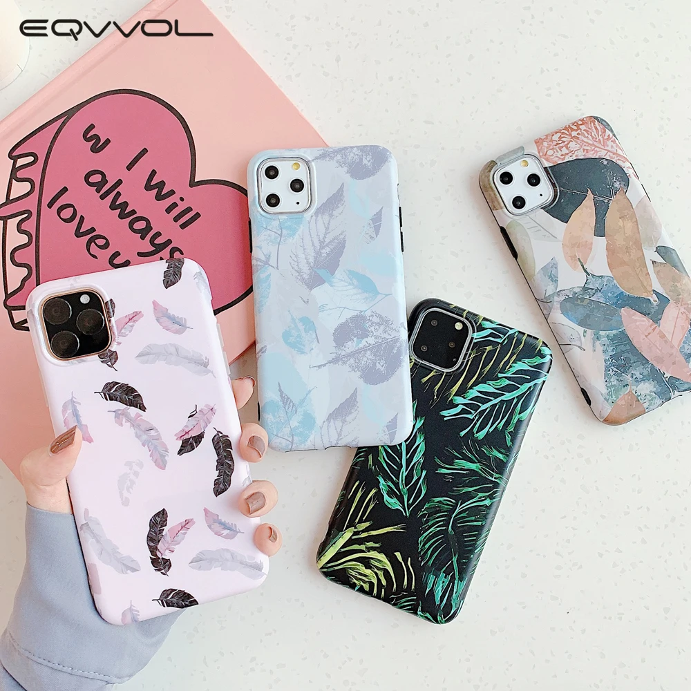 Eqvvol розовый чехол с листьями и перьями для iPhone11 Pro Max iPhone XS MAX X XR 7 8 6 6S Plus матовый