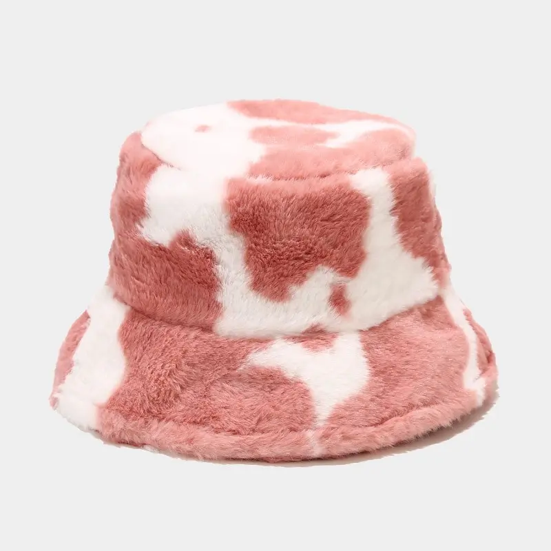 

New Winter Cow Print Plush Bucket Hats for Women Tourism Outdoor Warm Hat Soft Velvet Fisherman Cap Lady Fashion Panama Present
