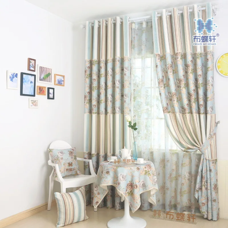 

Korean Pastoral Stripe Splicing White Silk Semi-shading Curtains for Living Dining Room Bedroom.