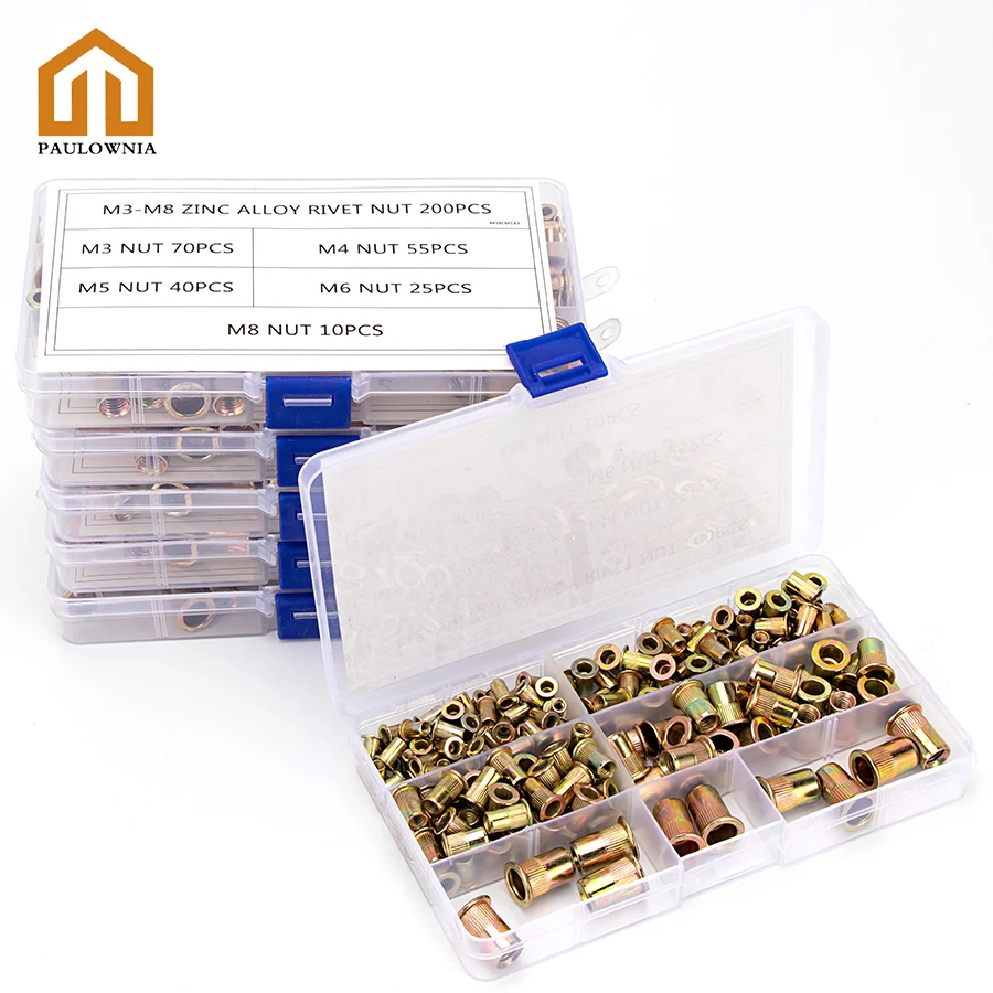 

110-200pcs M3 M4 M5 M6 M8 M10 Zinc Rivet Nuts Flat Head Knurled Screw Multi Sizes Zinc-Alloy Rivet-Nuts Assortment Kit S40