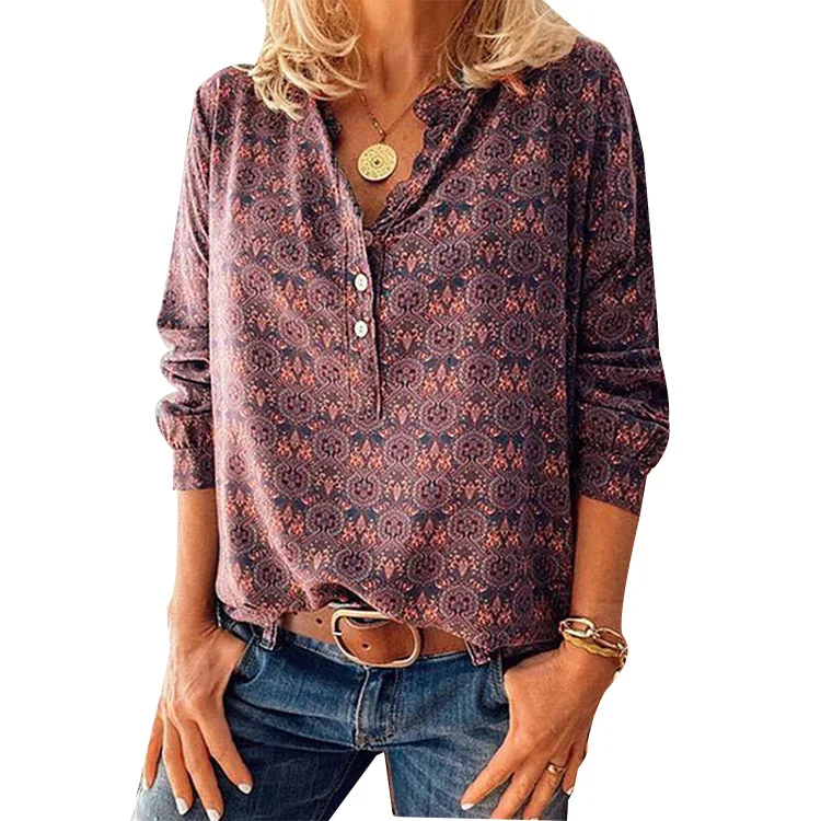 

Houthion New Women's Blouse Summer Slim Comfortable Fashion Blouses V-neck Long Sleeve Printing Korean Shirt