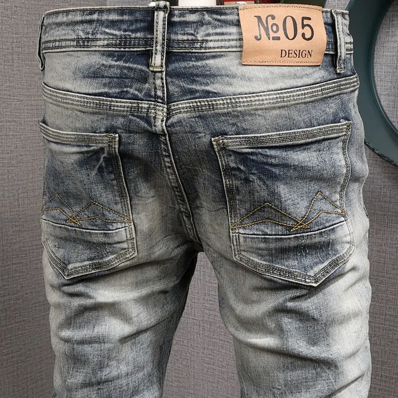 European American Vintage Fashion Men Jeans Retro Wash Elastic Cotton Slim Fit Ripped Jeans Men Distressed Designer Denim Pants