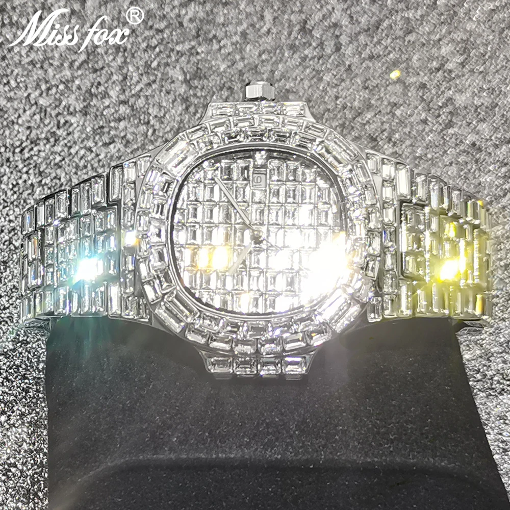 

Часы MISSFOX Мужские кварцевые в стиле хип-хоп, роскошные брендовые водонепроницаемые с бриллиантами, с багетами класса ААА, ювелирные изделия