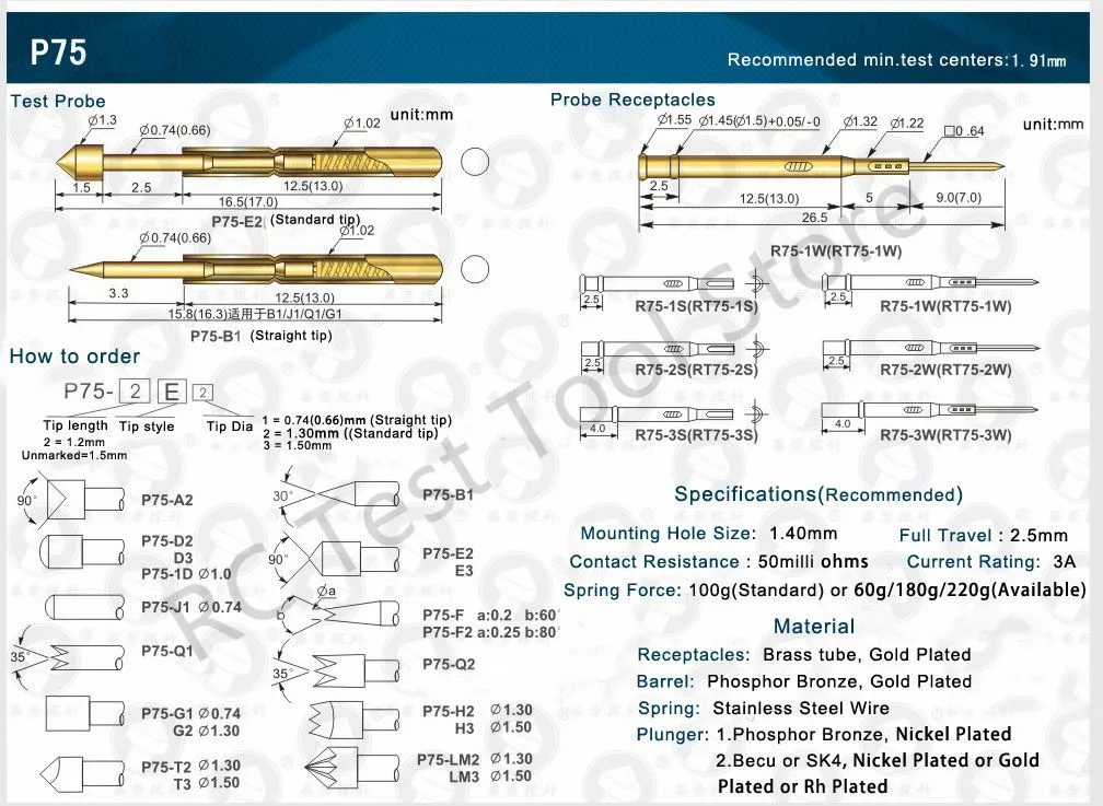 Лидер продаж пружинный тестовый зонд серии P75 Pogo штифт 100 шт. диаметр 1 02 мм