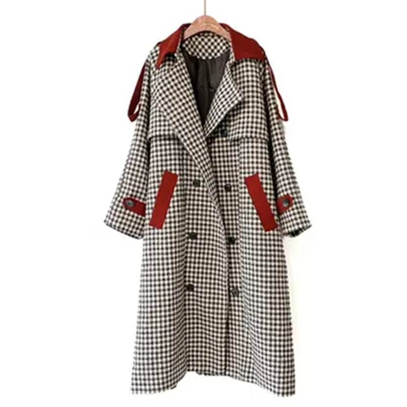 

Woman Long Plaid Woolen Coat Houndstooth Overcoat 2021New Woolen Plus Velvet Thickened Premium Coat FC1657
