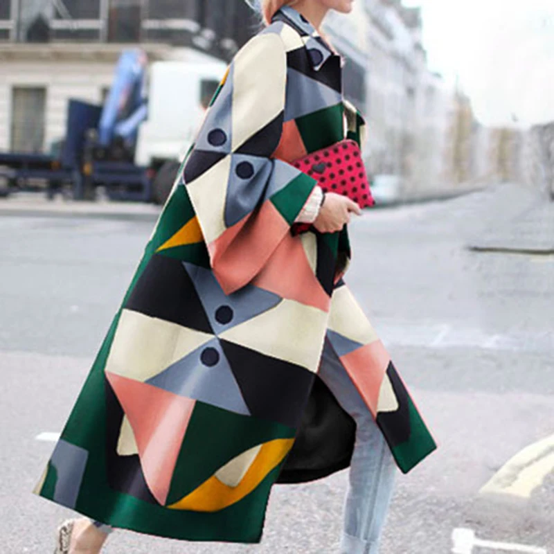 

Autumn winter 2021 new hot selling fashion geometric printing color loose long sleeve long coat windbreaker Plus Size women coat