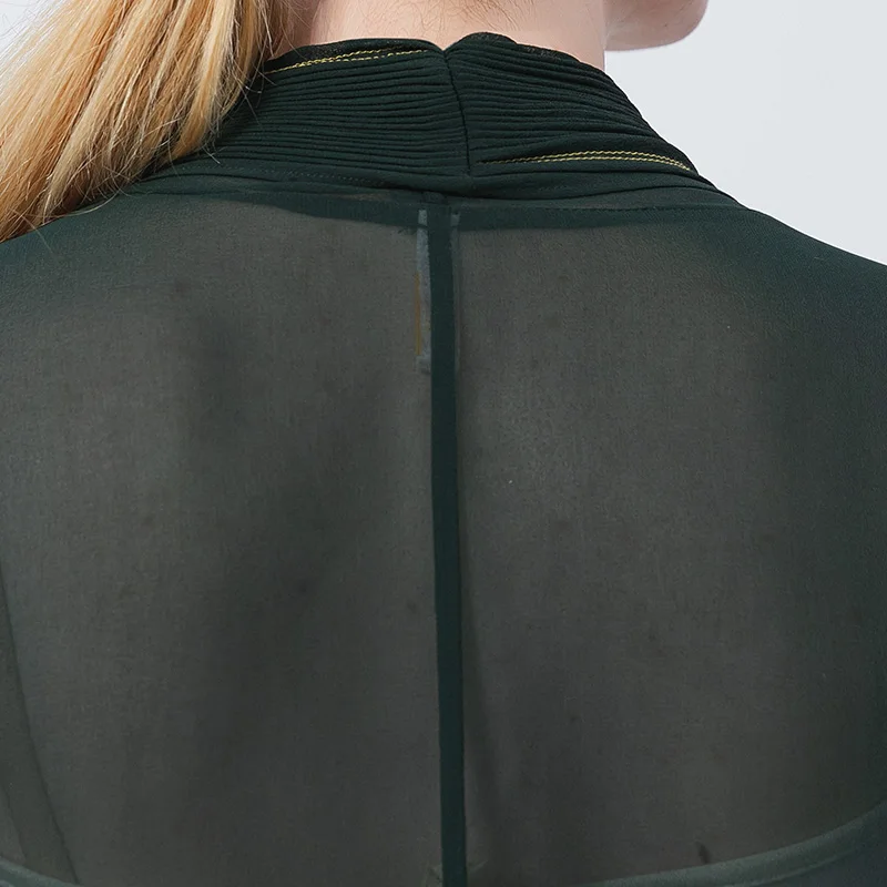 

VOA Silk Georgette Dark Green Fold Open Line Decoration Long Sleeve Sunscreen Light and Elegant Summer Windbreaker Female FE135