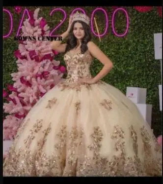 

Verngo Princess Champagne Tulle Prom Dresses Ball Gowns Sweetheart Lace Applique Fluffy Evening Gowns Party Quinceanera Dress