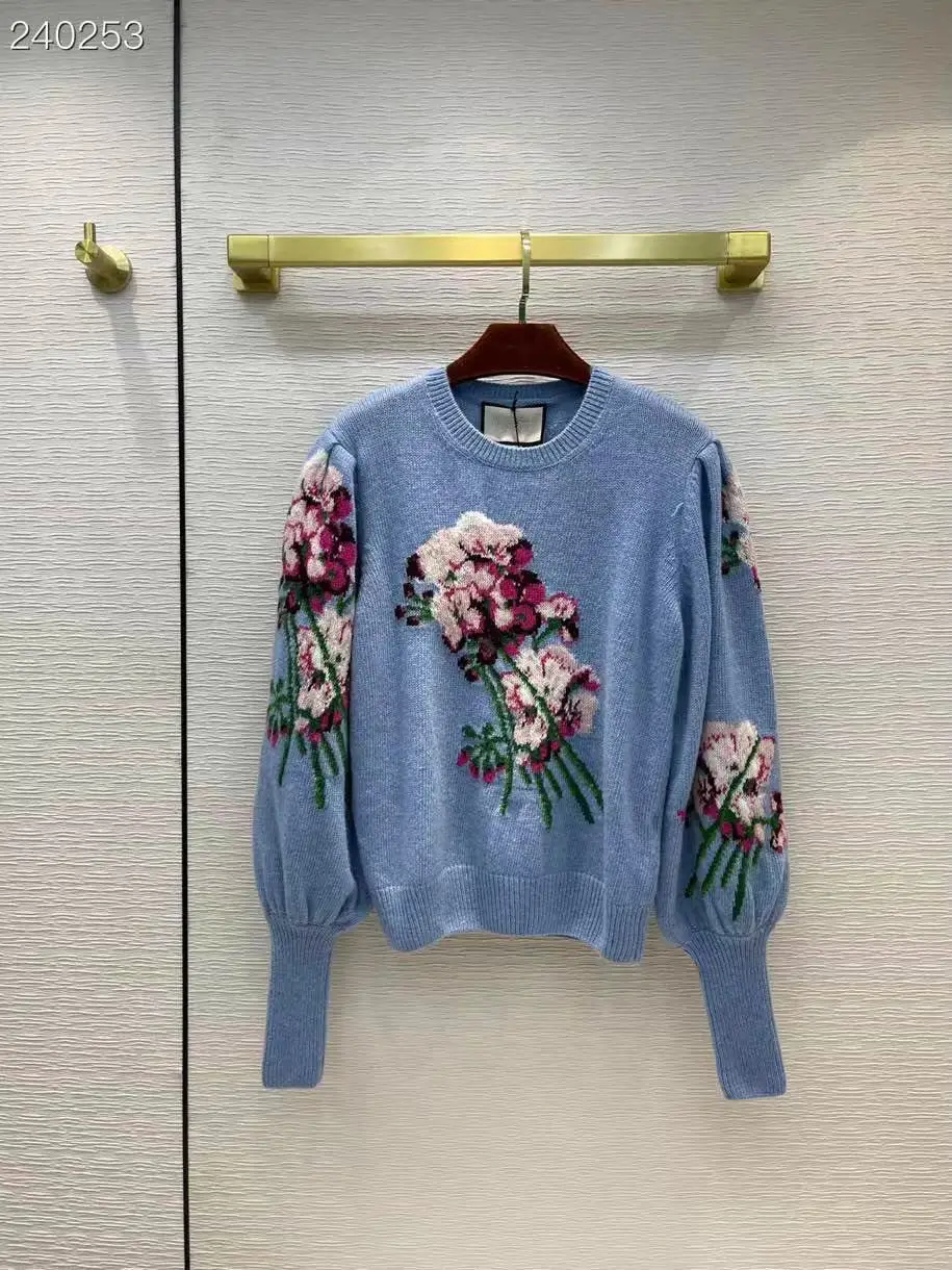 

Женский винтажный шерстяной пуловер, модельный свитер с круглым вырезом и цветочной вышивкой, вязаный джемпер с длинным рукавом, осень 2021