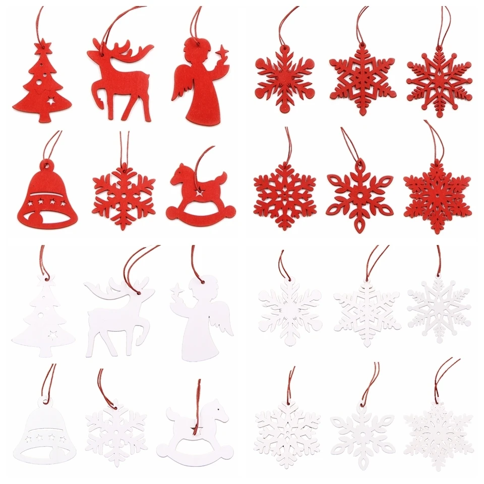 6PCS DIY White&Red Snowflakes Christmas Wooden Pendants Ornaments For Xmas Tree Ornaments Christmas Party Decorations Kids Gift