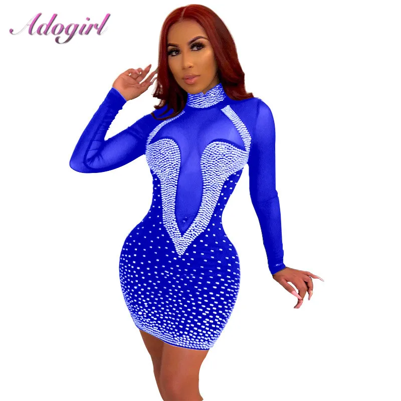 

Сексуальное прозрачное Сетчатое платье с бриллиантами для вечеринок, клубов, облегающее мини-платье, женское осеннее элегантное платье с д...