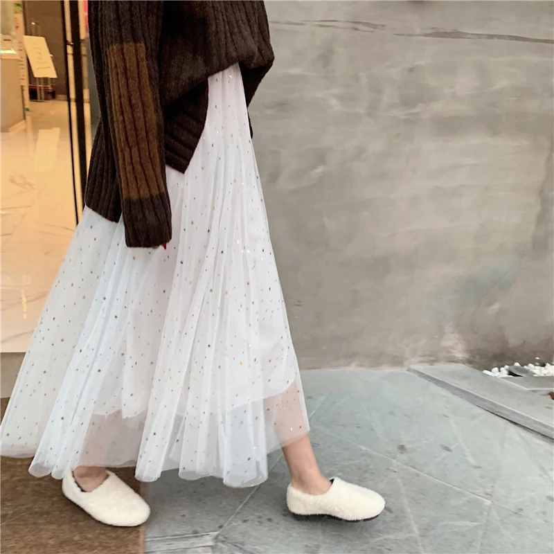 Женская трехслойная плиссированная юбка средней длины белая сетчатая длинная с