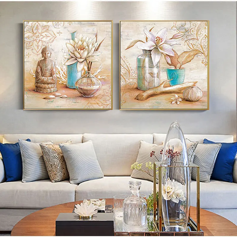 Религия Золотая икона Будды и цветок лотоса принты на холсте настенное искусство