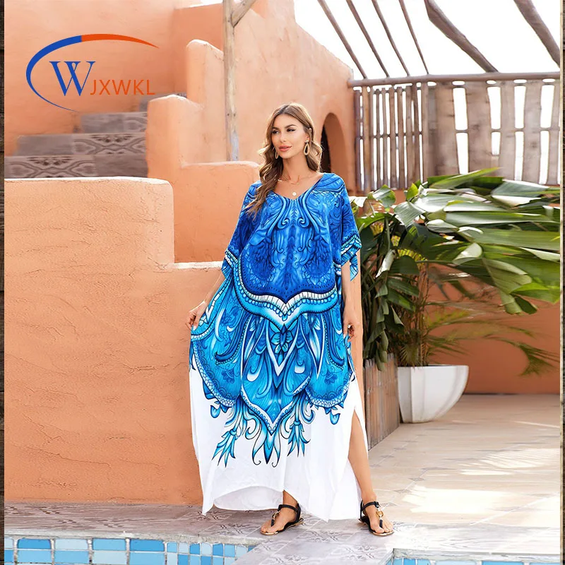 

Пляжное платье с принтом, быстросохнущее синее и белое платье с пересекающимися линиями в европейском и американском стиле, накидка для бик...