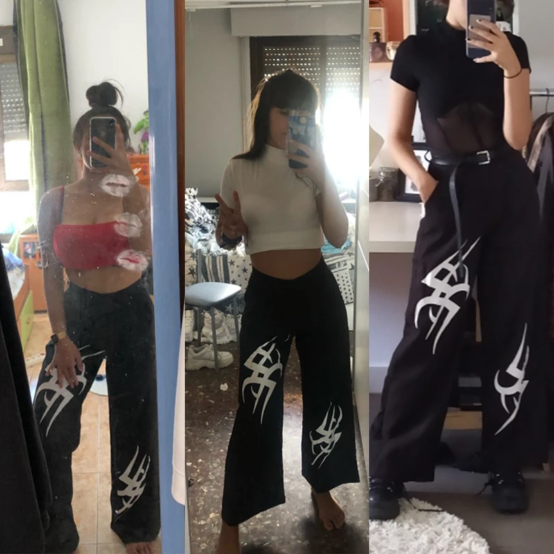 HEYounGIRL Harajuku, широкие брюки с высокой талией, женские черные повседневные штаны с принтом, розовые панковские спортивные штаны, уличная летняя одежда