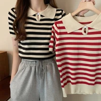 2021 turn down collar pullovers womens sweater korean stripe contrast color sweater all match short sleeve knitted tops summer